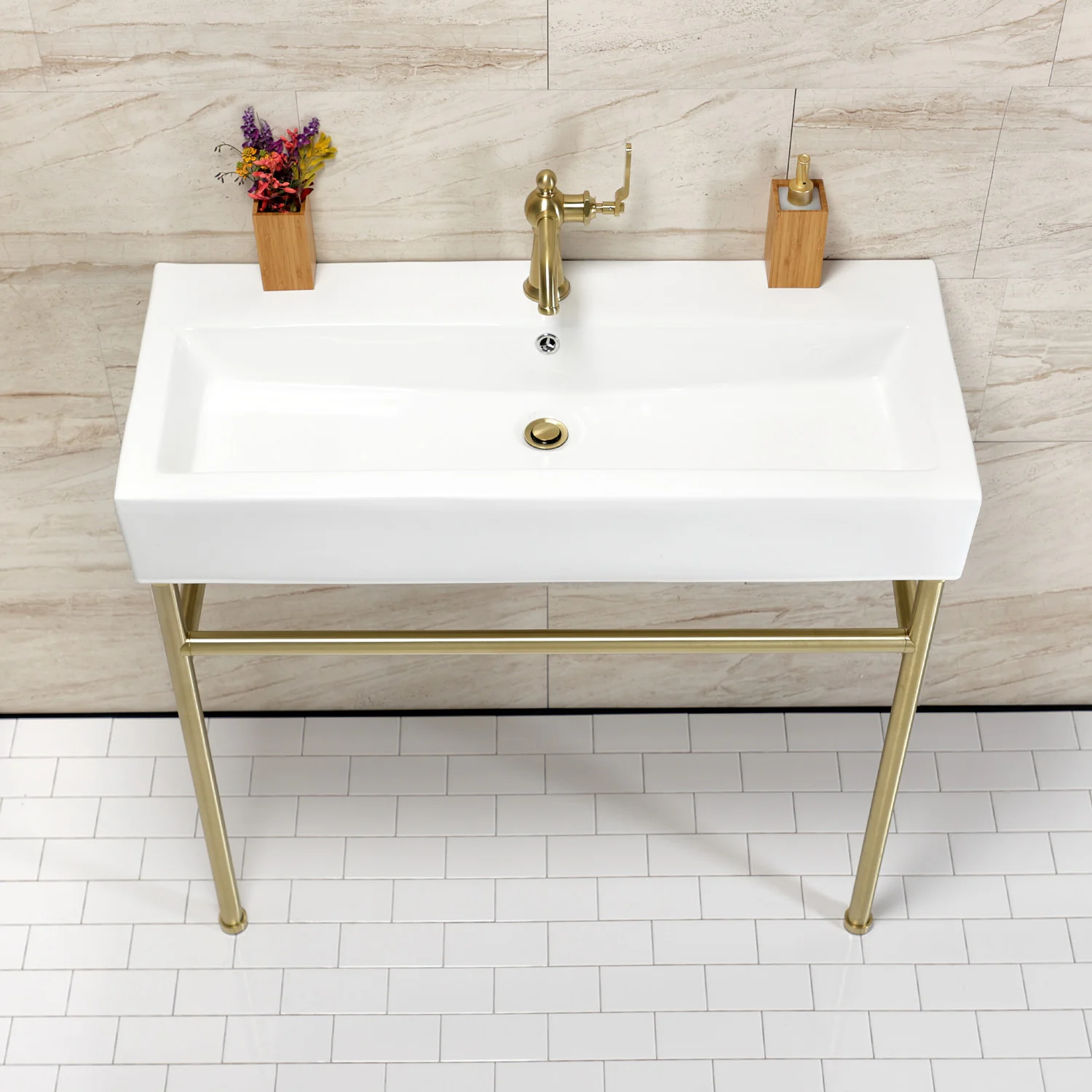 Kingston Sona VPB39177ST - New Haven 39-Inch Porcelain Console Sink with Stainless Steel Legs (1-Hole), White/Brushed Brass - Image 3
