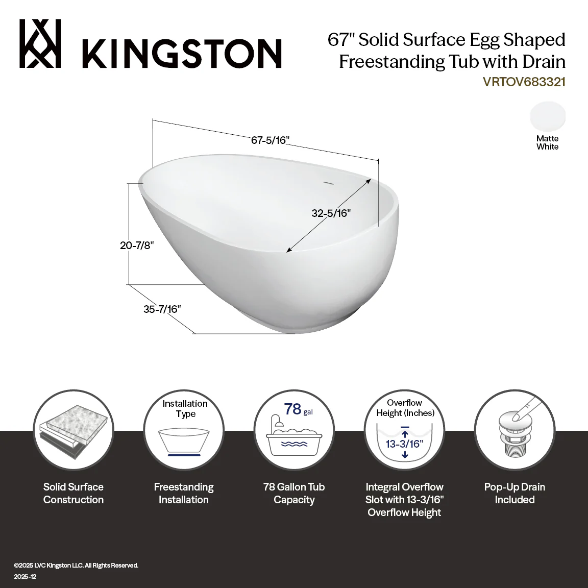 Kingston Sona VRTOV683321 - Arcticstone 67-Inch Solid Surface Egg Shaped Double Ended Freestanding Tub with Drain, Glossy White/Matte White - Image 8