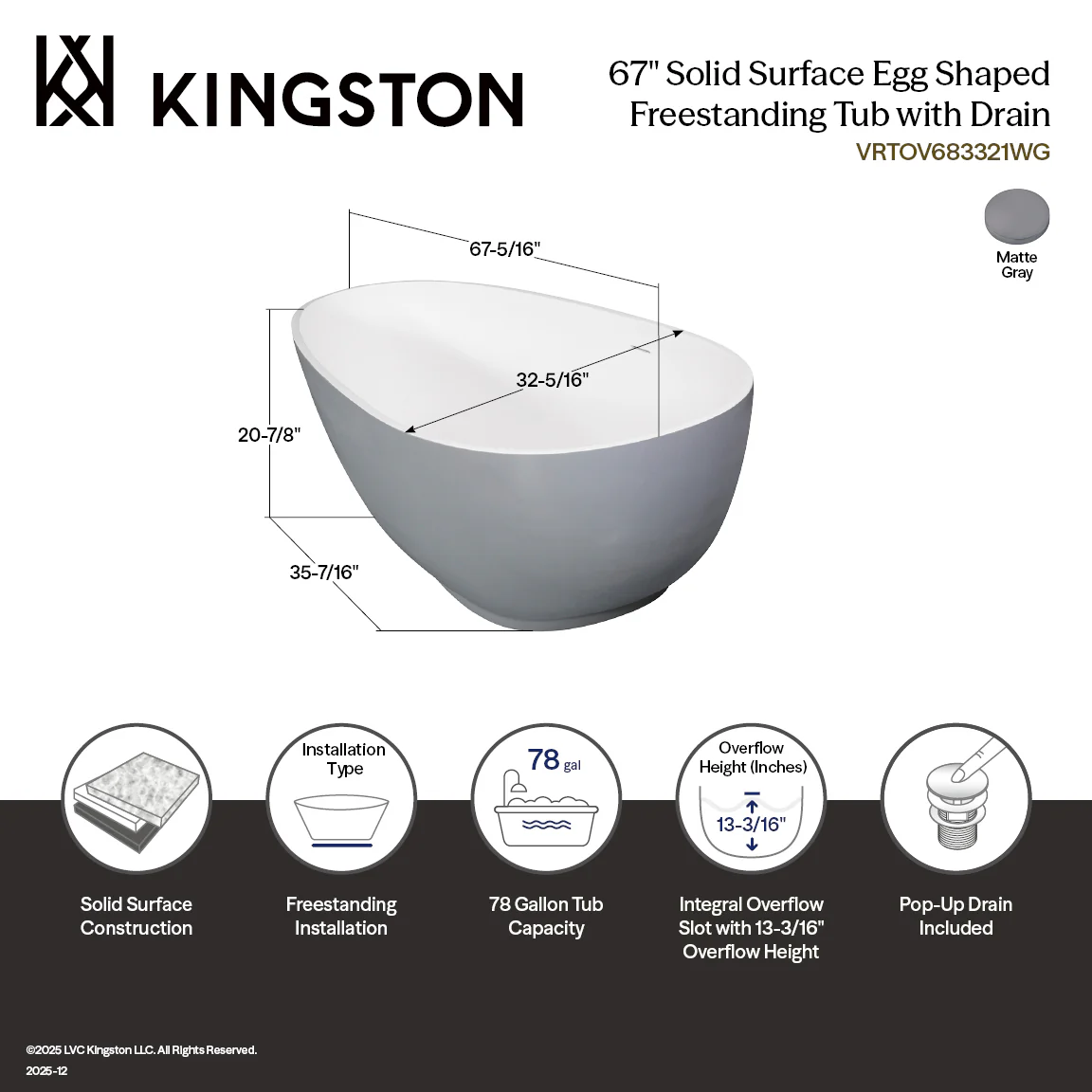 Kingston Sona VRTOV683321WG - Arcticstone 67-Inch Solid Surface Egg Shaped Double Ended Freestanding Tub with Drain, Glossy White/Matte Gray - Image 10