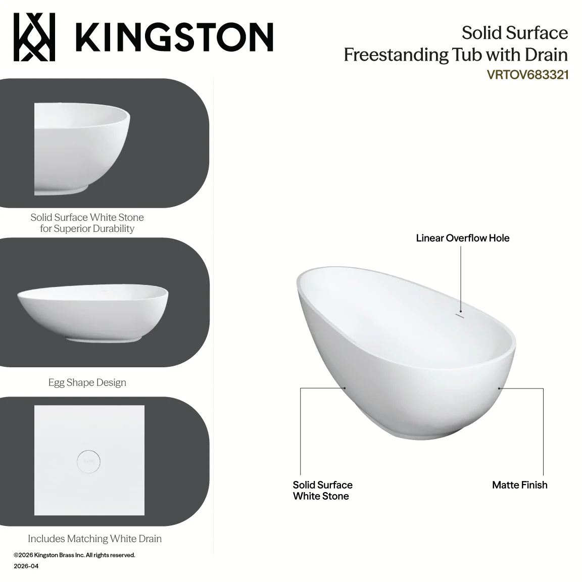 Kingston Sona VRTOV683321WG - Arcticstone 67-Inch Solid Surface Egg Shaped Double Ended Freestanding Tub with Drain, Glossy White/Matte Gray - Image 11