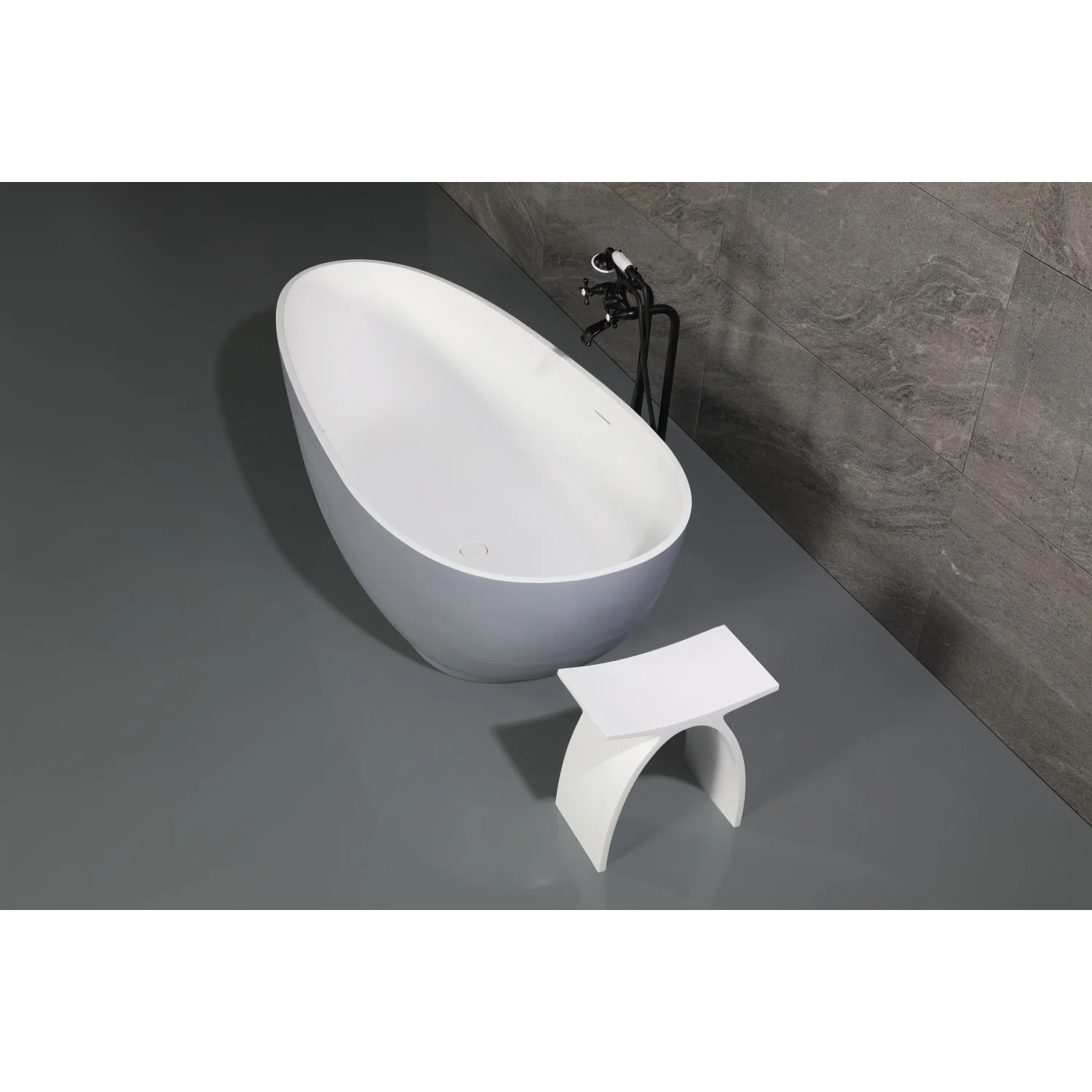Kingston Sona VRTOV683321WG - Arcticstone 67-Inch Solid Surface Egg Shaped Double Ended Freestanding Tub with Drain, Glossy White/Matte Gray - Image 3