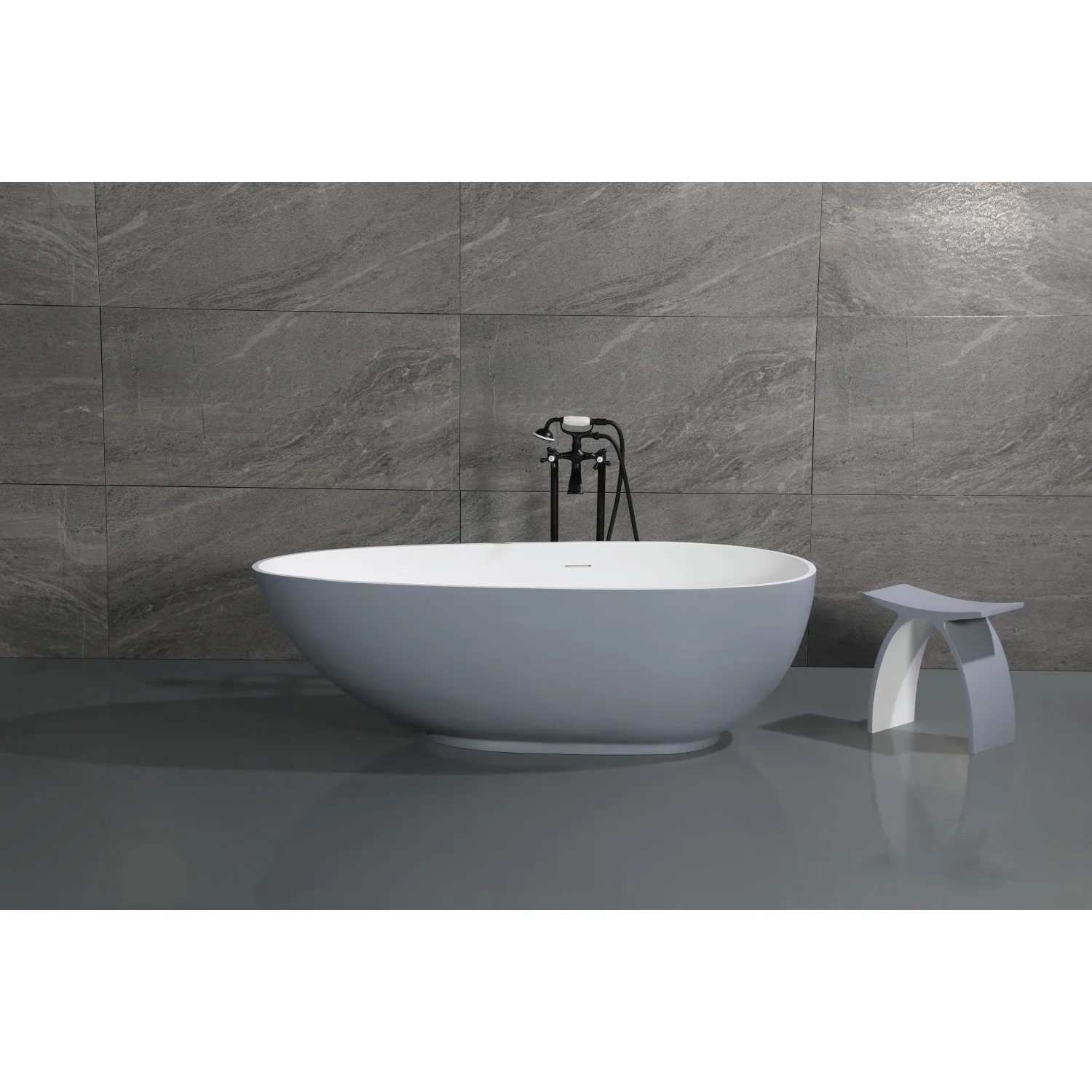 Kingston Sona VRTOV683321WG - Arcticstone 67-Inch Solid Surface Egg Shaped Double Ended Freestanding Tub with Drain, Glossy White/Matte Gray - Image 4