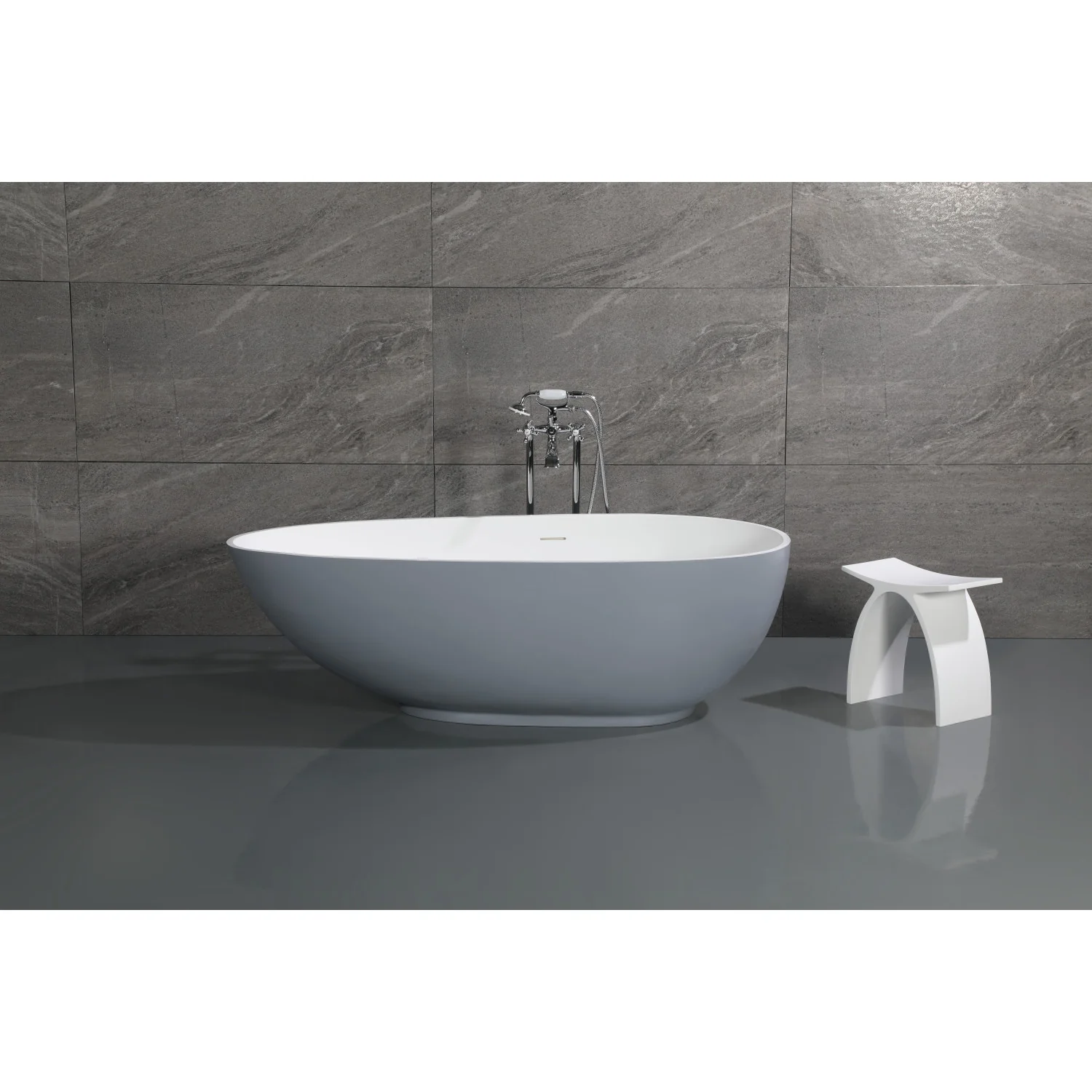 Kingston Sona VRTOV683321WG - Arcticstone 67-Inch Solid Surface Egg Shaped Double Ended Freestanding Tub with Drain, Glossy White/Matte Gray - Image 5
