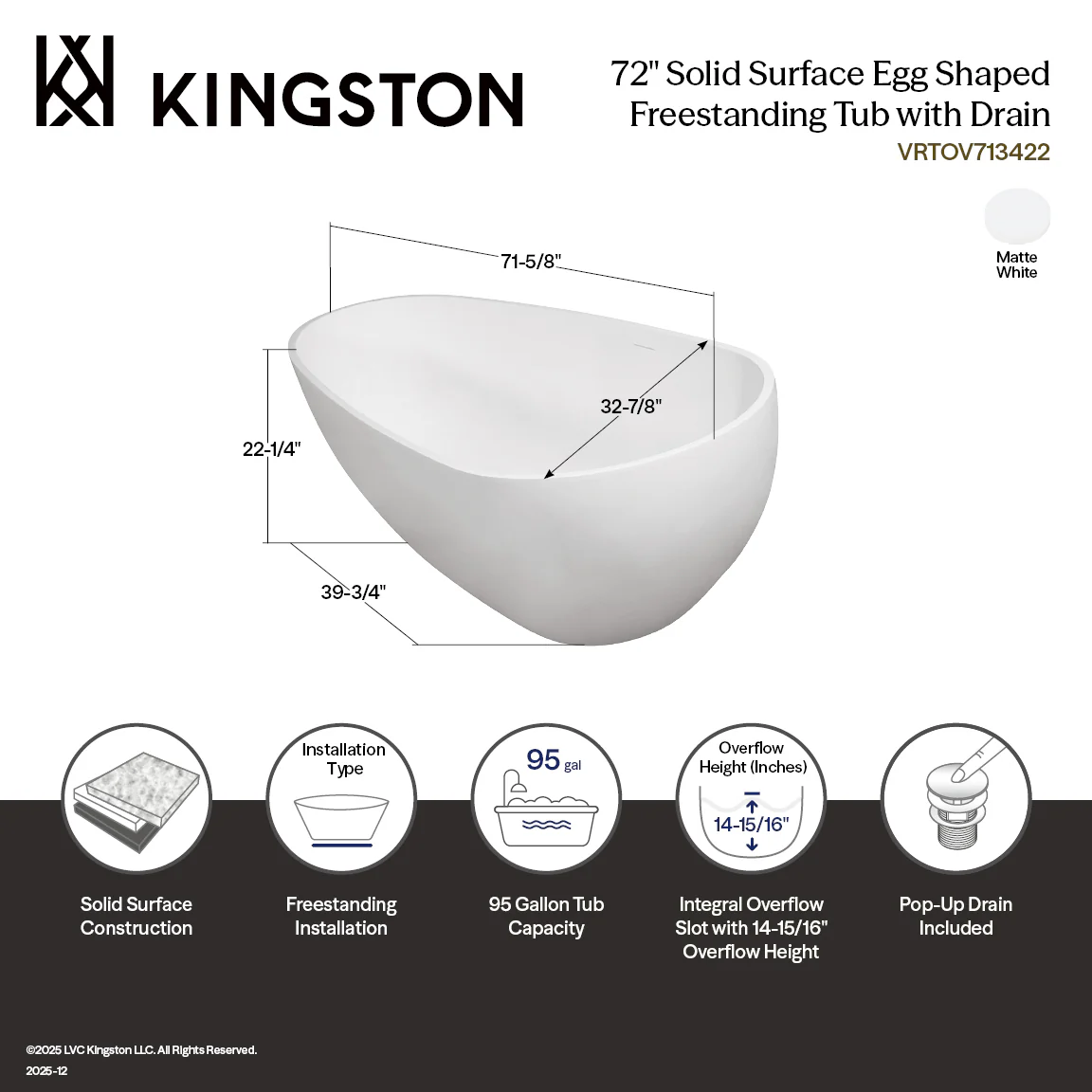 Kingston Sona VRTOV713422 - Arcticstone 72-Inch Solid Surface Egg Shaped Double Ended Freestanding Tub with Drain, Glossy White/Matte White - Image 12