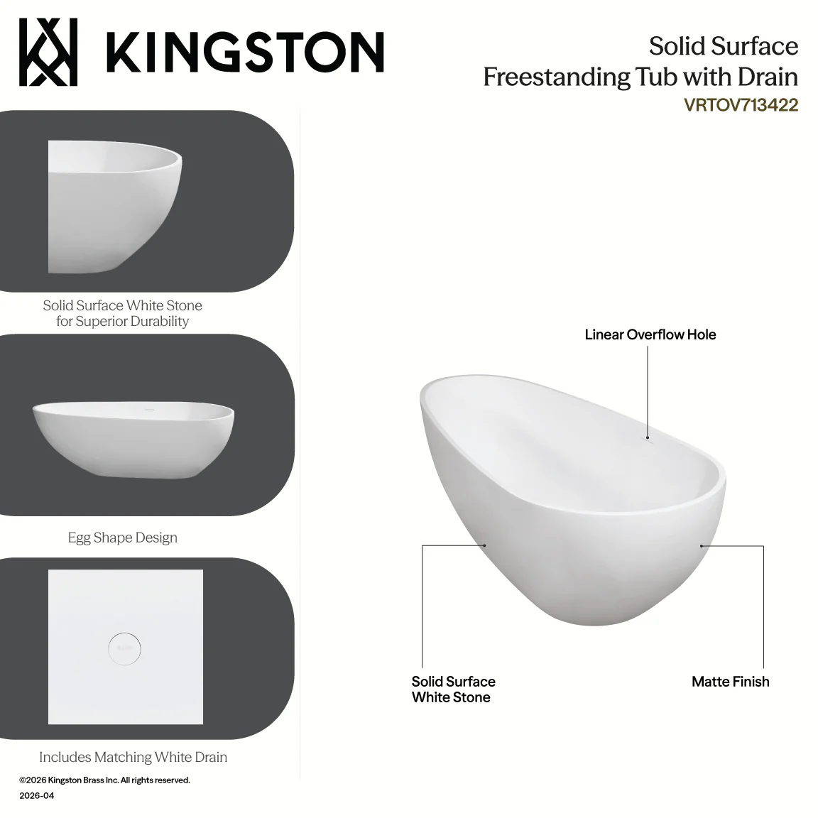 Kingston Sona VRTOV713422 - Arcticstone 72-Inch Solid Surface Egg Shaped Double Ended Freestanding Tub with Drain, Glossy White/Matte White - Image 13