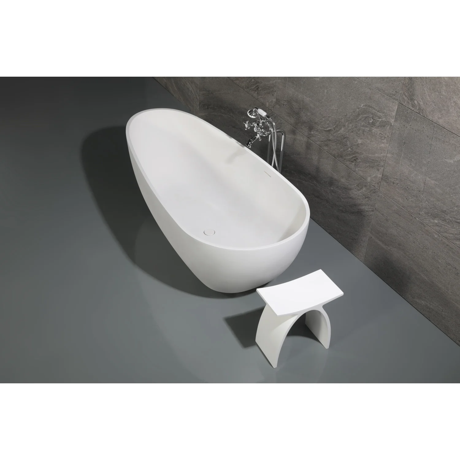 Kingston Sona VRTOV713422 - Arcticstone 72-Inch Solid Surface Egg Shaped Double Ended Freestanding Tub with Drain, Glossy White/Matte White - Image 7