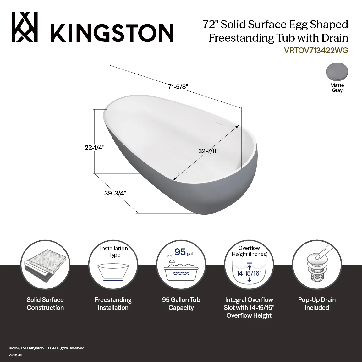 Kingston Sona VRTOV713422WG - Arcticstone 72-Inch Solid Surface Egg Shaped Double Ended Freestanding Tub with Drain, Glossy White/Matte Gray - Image 12