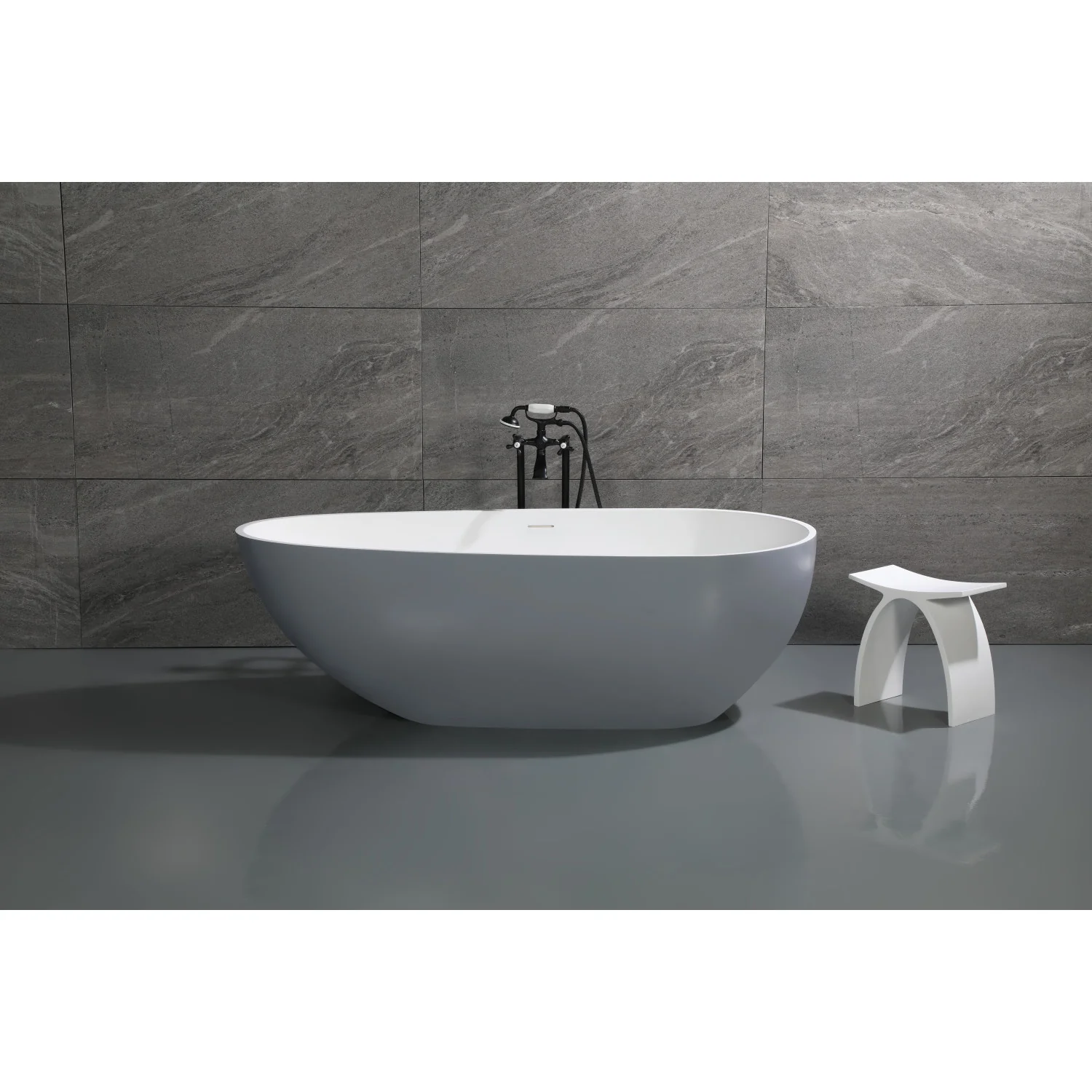 Kingston Sona VRTOV713422WG - Arcticstone 72-Inch Solid Surface Egg Shaped Double Ended Freestanding Tub with Drain, Glossy White/Matte Gray - Image 2