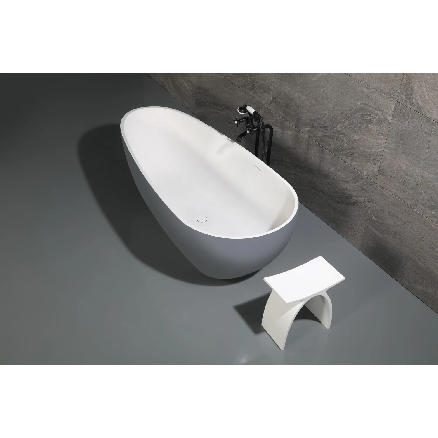 Kingston Sona VRTOV713422WG - Arcticstone 72-Inch Solid Surface Egg Shaped Double Ended Freestanding Tub with Drain, Glossy White/Matte Gray - Image 3