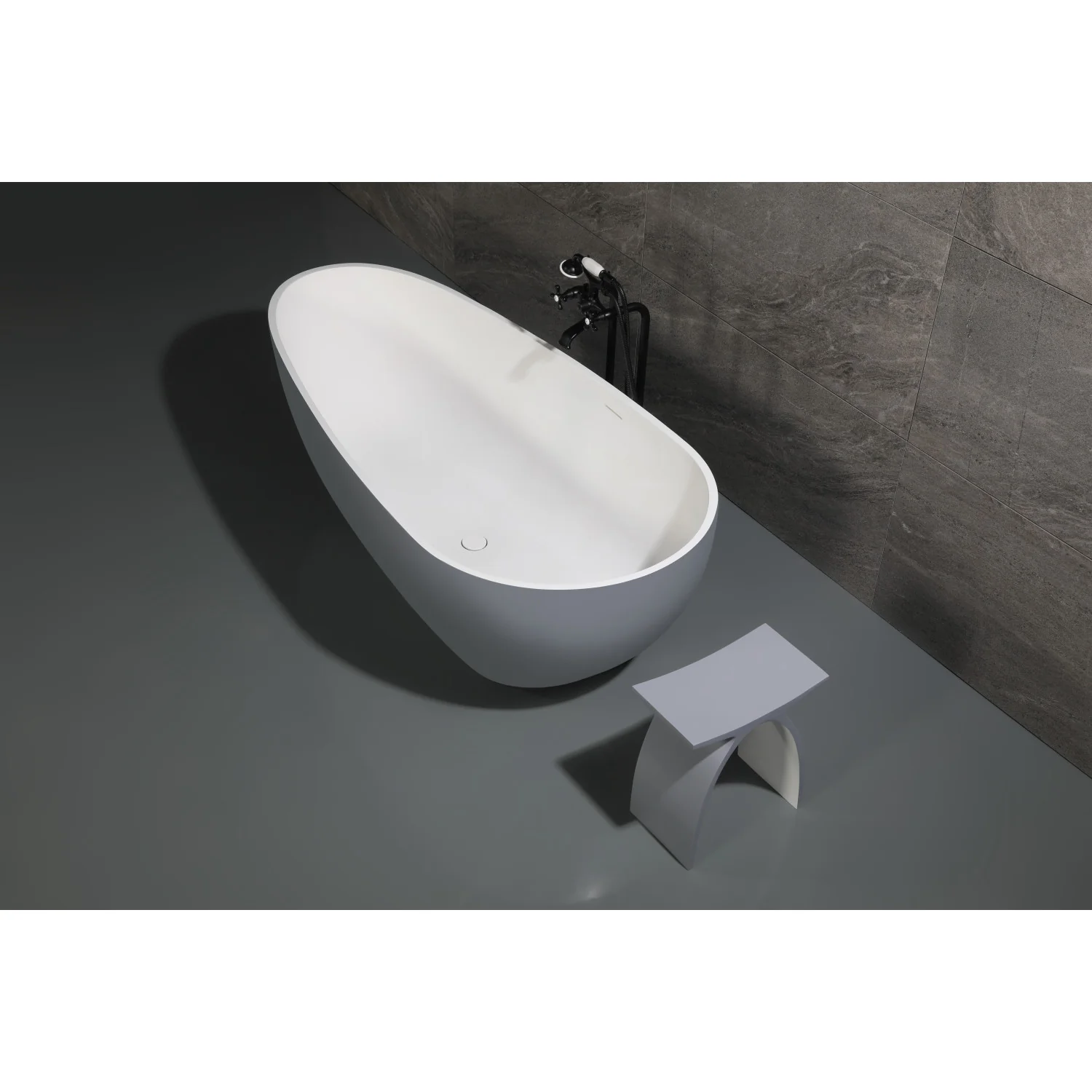 Kingston Sona VRTOV713422WG - Arcticstone 72-Inch Solid Surface Egg Shaped Double Ended Freestanding Tub with Drain, Glossy White/Matte Gray - Image 5