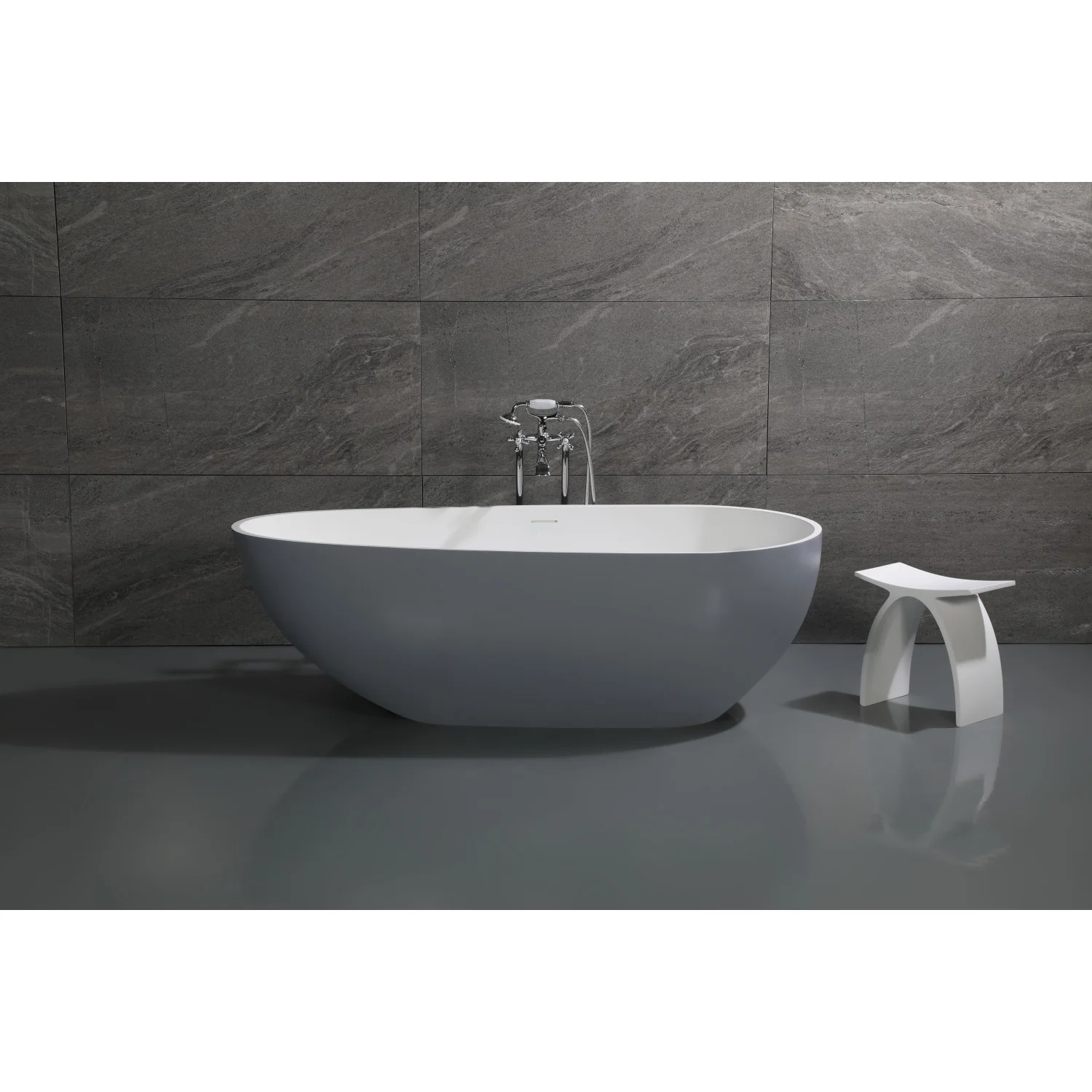 Kingston Sona VRTOV713422WG - Arcticstone 72-Inch Solid Surface Egg Shaped Double Ended Freestanding Tub with Drain, Glossy White/Matte Gray - Image 6