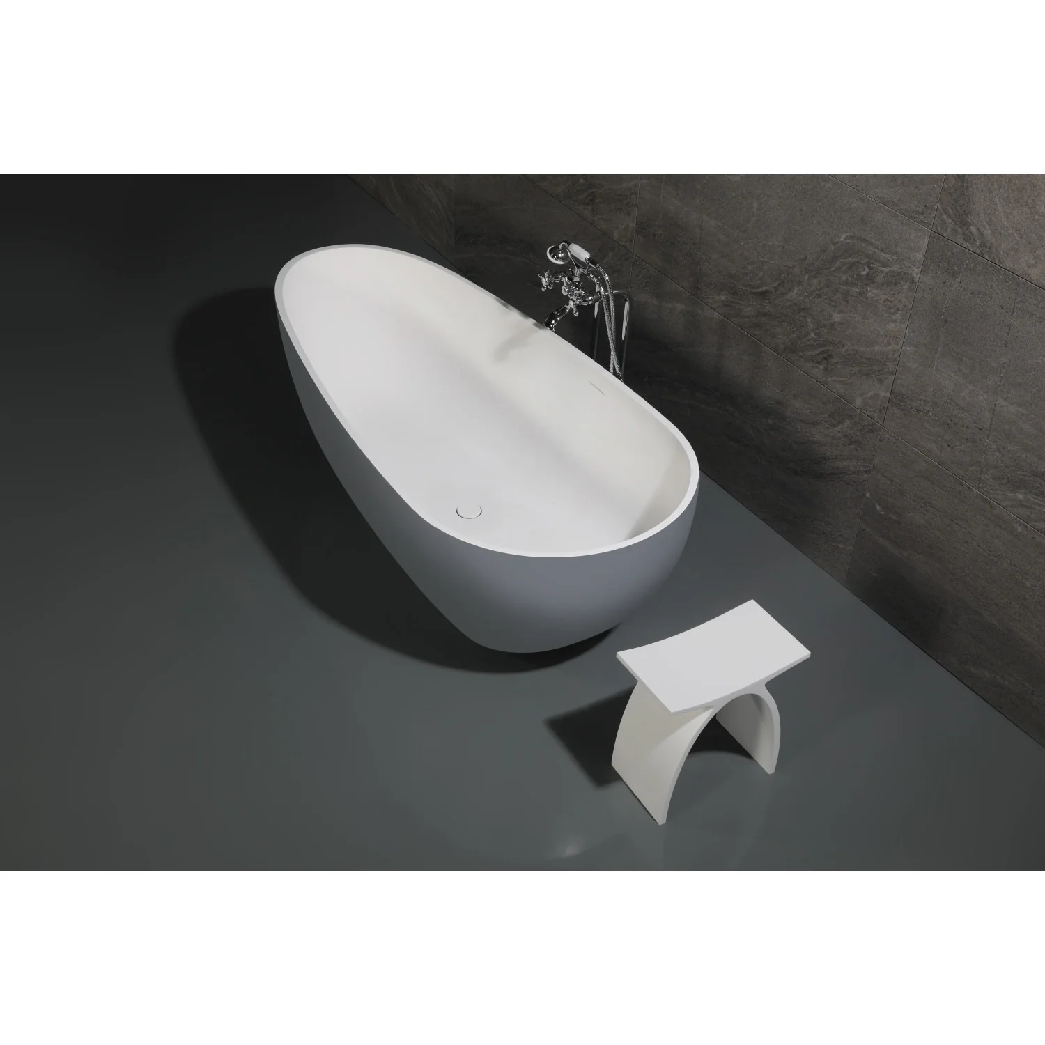 Kingston Sona VRTOV713422WG - Arcticstone 72-Inch Solid Surface Egg Shaped Double Ended Freestanding Tub with Drain, Glossy White/Matte Gray - Image 7