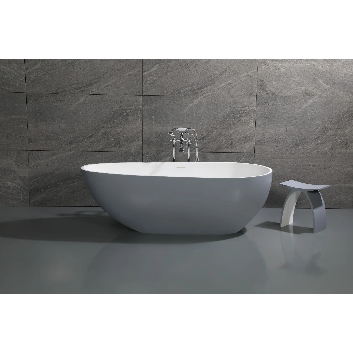 Kingston Sona VRTOV713422WG - Arcticstone 72-Inch Solid Surface Egg Shaped Double Ended Freestanding Tub with Drain, Glossy White/Matte Gray - Image 8