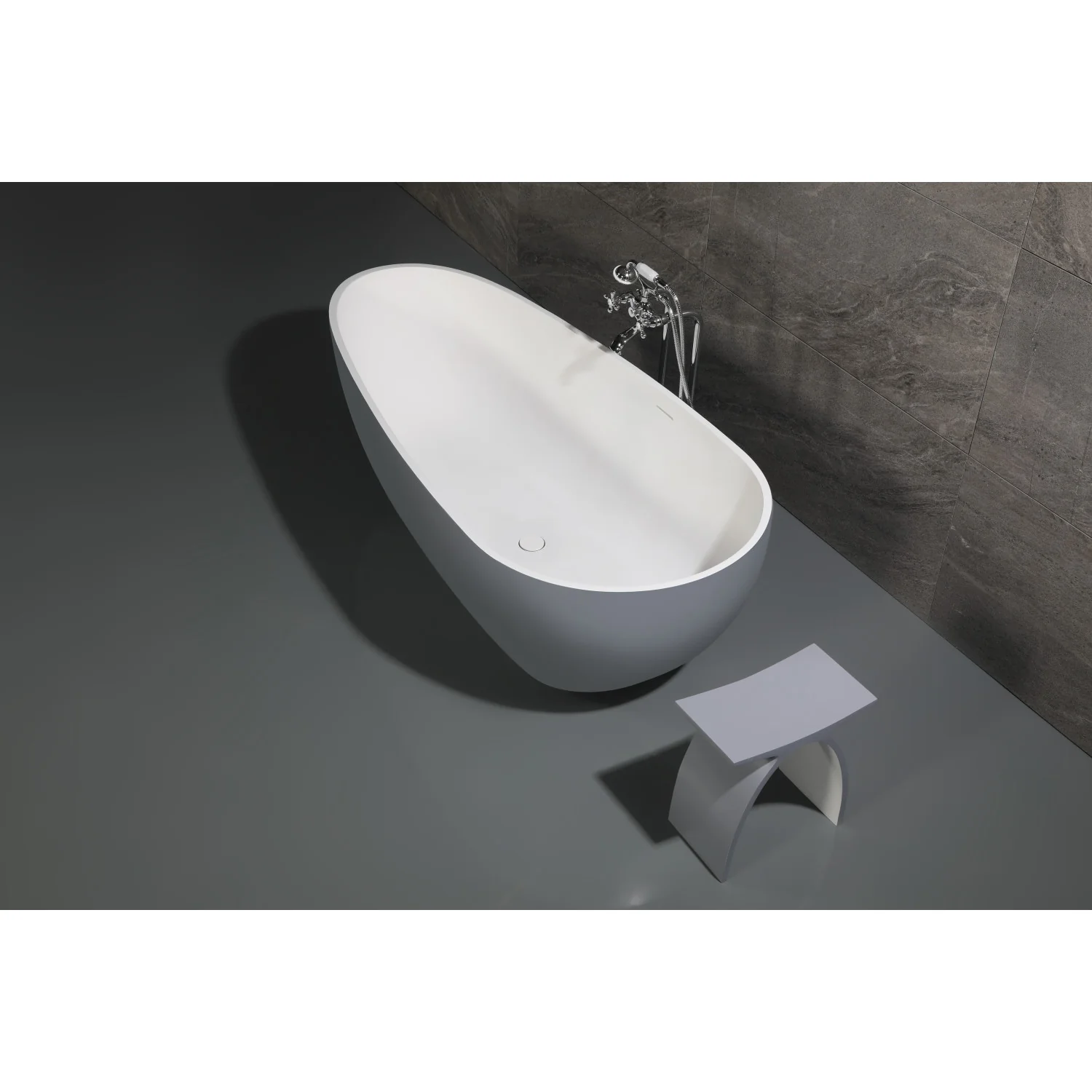 Kingston Sona VRTOV713422WG - Arcticstone 72-Inch Solid Surface Egg Shaped Double Ended Freestanding Tub with Drain, Glossy White/Matte Gray - Image 9