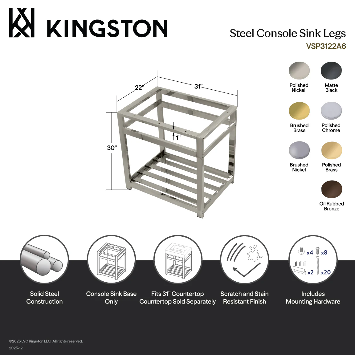 Kingston Sona VSP3122A5 - Kingston Commercial Steel Console Sink Base, Oil Rubbed Bronze - Image 3