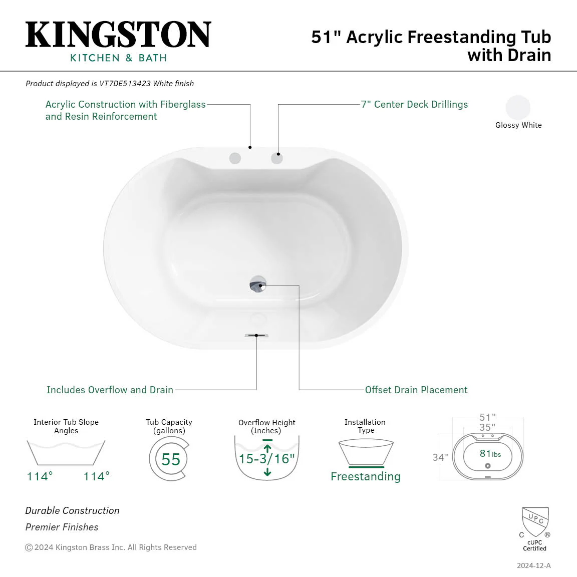 Kingston Sona VT7DE513423 - Aqua Eden 51-Inch Acrylic Oval Double Ended Freestanding Tub with Drain, Glossy White - Image 10