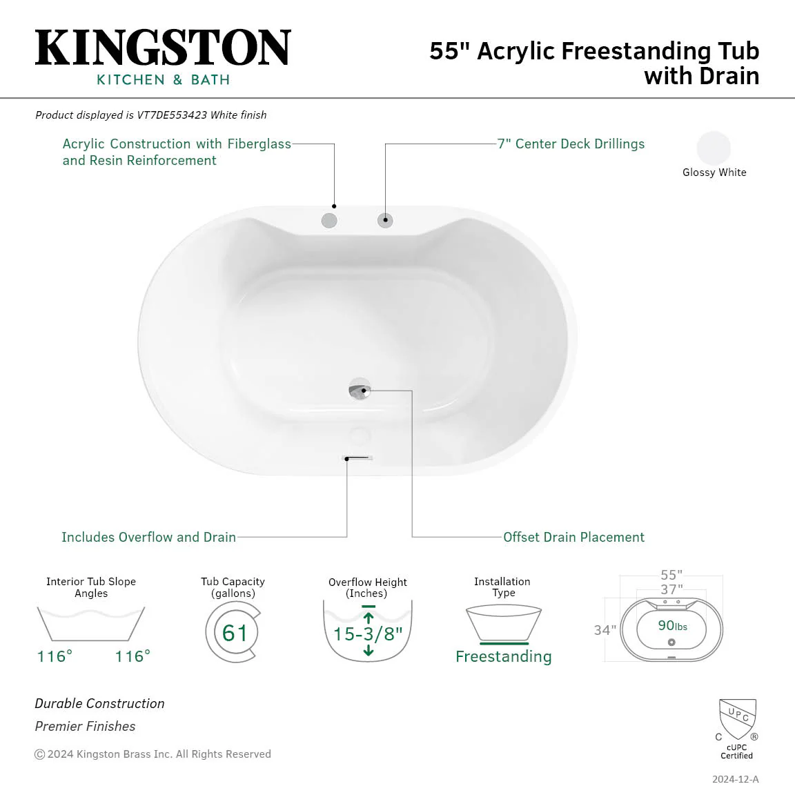 Kingston Sona VT7DE553423 - Aqua Eden 55-Inch Acrylic Oval Double Ended Freestanding Tub with Drain, Glossy White - Image 10