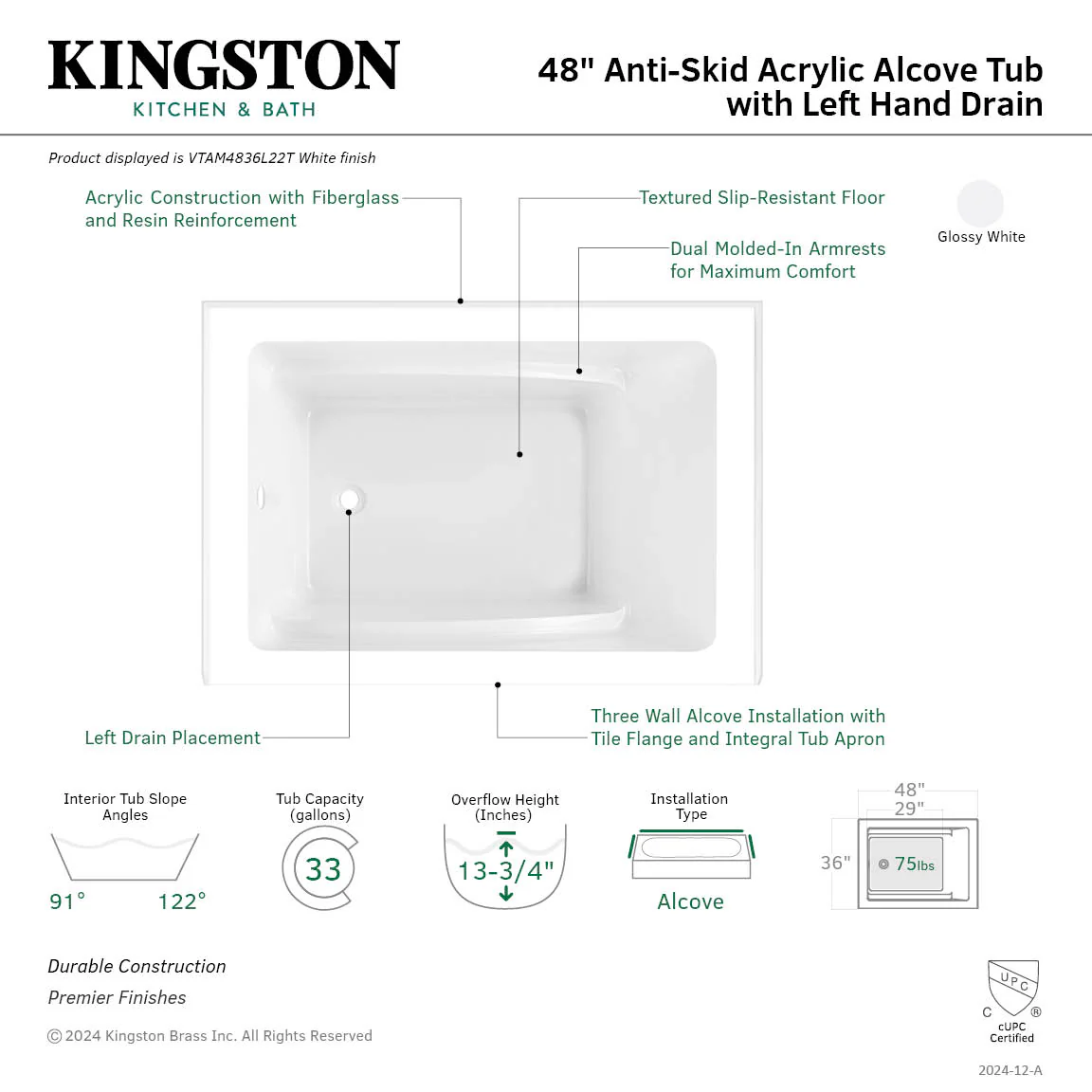Kingston Tulare VTAM4836L22T - Aqua Eden 48-Inch Acrylic Rectangular 3-Wall Alcove Tub, Left Hand Drain, Glossy White - Image 7