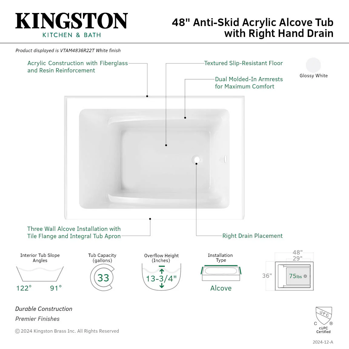 Kingston Tulare VTAM4836R22T - Aqua Eden 48-Inch Acrylic Rectangular 3-Wall Alcove Tub, Right Hand Drain, Glossy White - Image 7