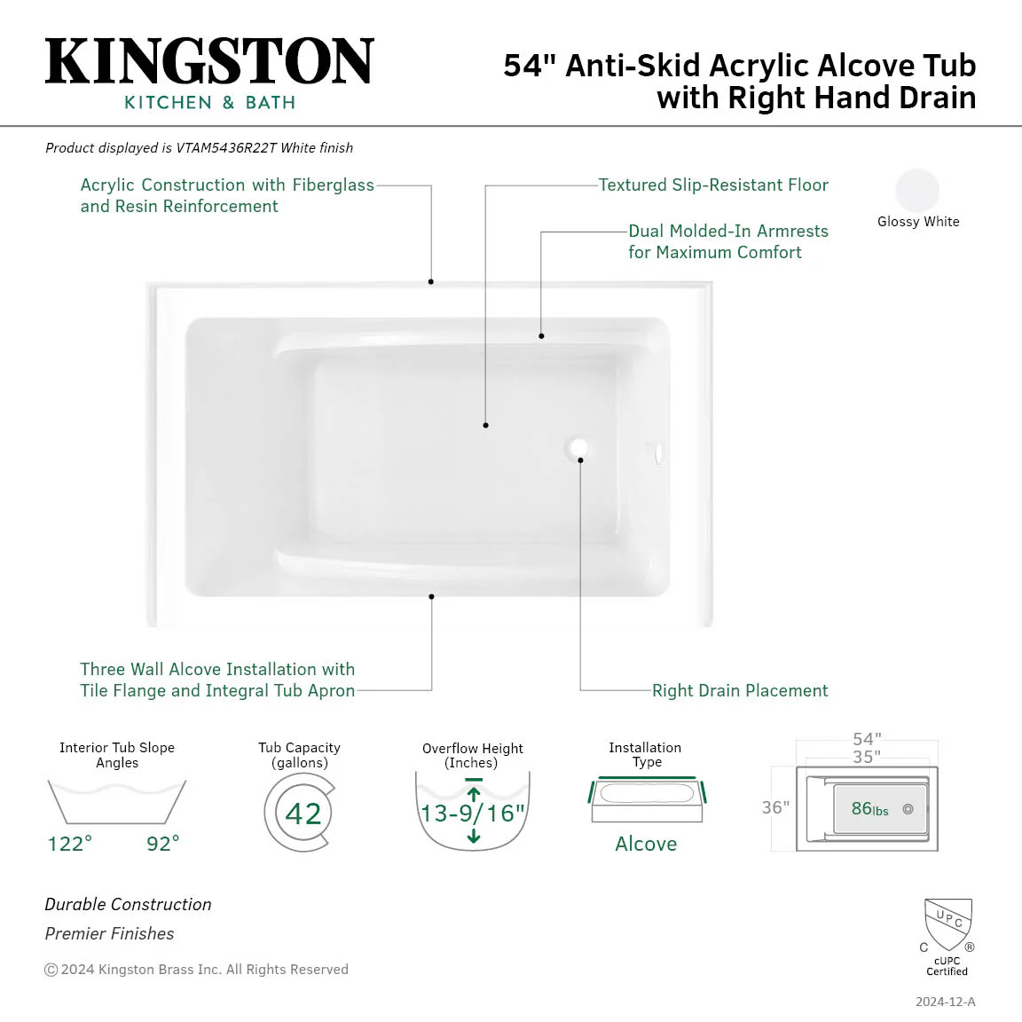 Kingston Tulare VTAM5436R22T - Aqua Eden 54-Inch Acrylic Rectangular 3-Wall Alcove Tub, Right Hand Drain, Glossy White - Image 7