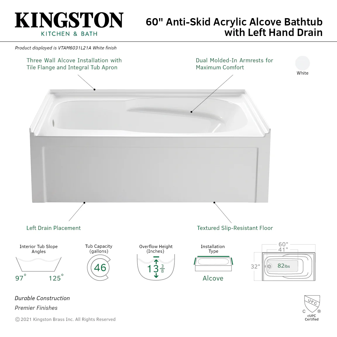 Kingston Tulare VTAM6031L21A - Aqua Eden 60-Inch Acrylic Rectangular 3-Wall Alcove Tub with Armrests and Anti-Skid Surface, Left Hand Drain, Glossy White - Image 3