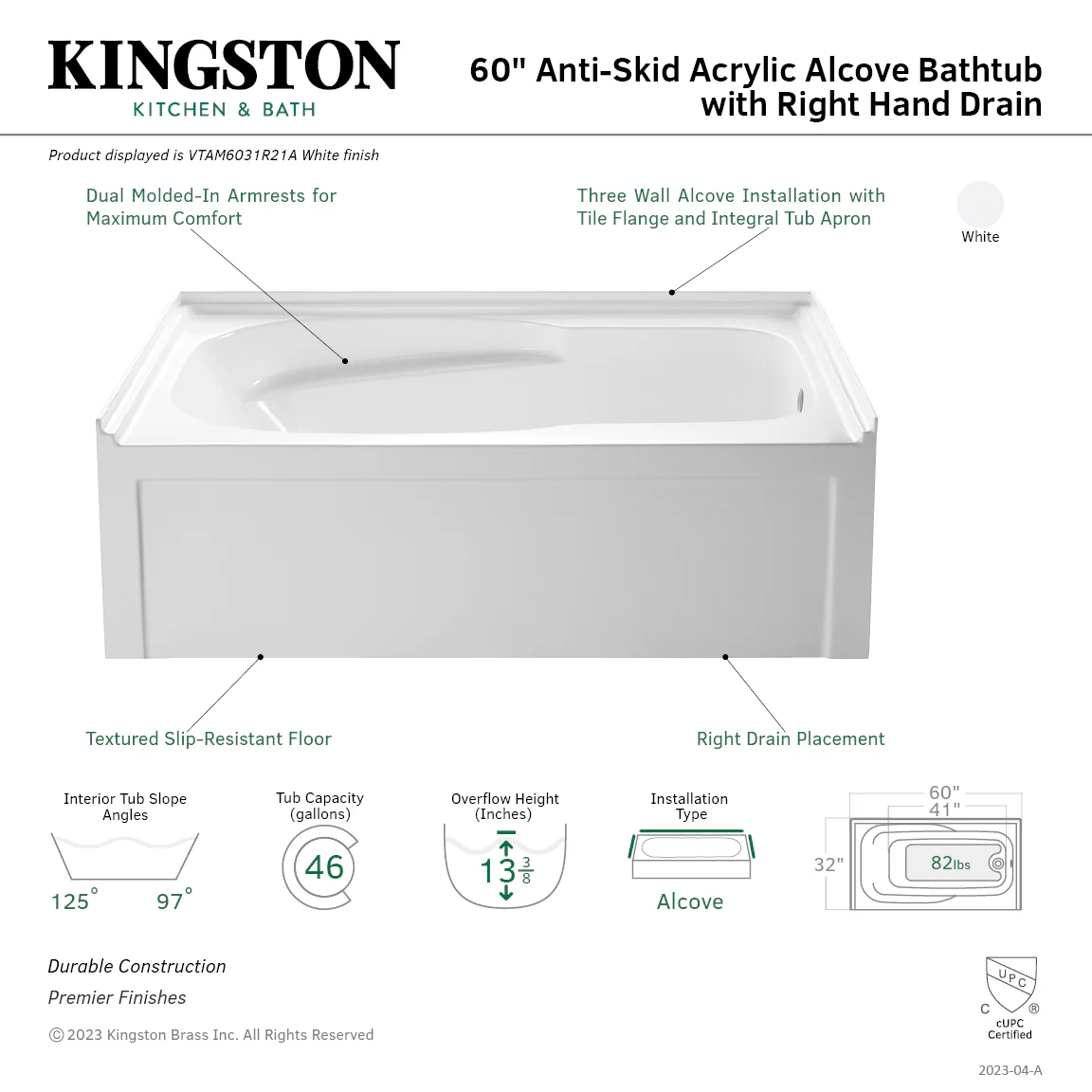 Kingston Tulare VTAM6031R21A - Aqua Eden 60-Inch Acrylic Rectangular 3-Wall Alcove Tub with Armrests and Anti-Skid Surface, Right Hand Drain, Glossy White - Image 4
