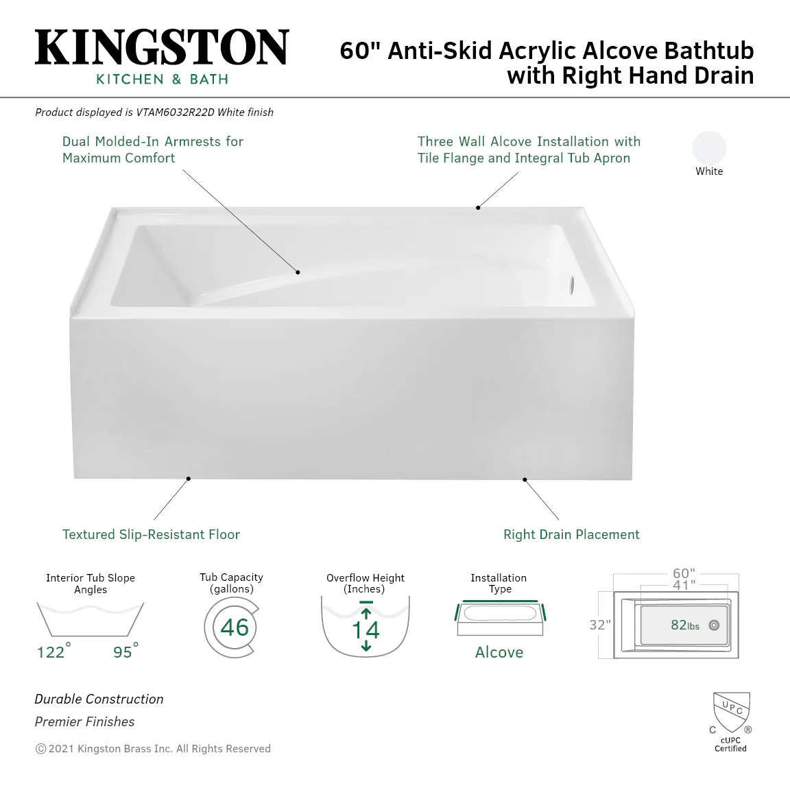 Kingston Tulare VTAM6032R22D - Aqua Eden 60-Inch Acrylic Rectangular 3-Wall Alcove Tub with Armrest and Anti-Skid Surface, Right Hand Drain, Glossy White - Image 5