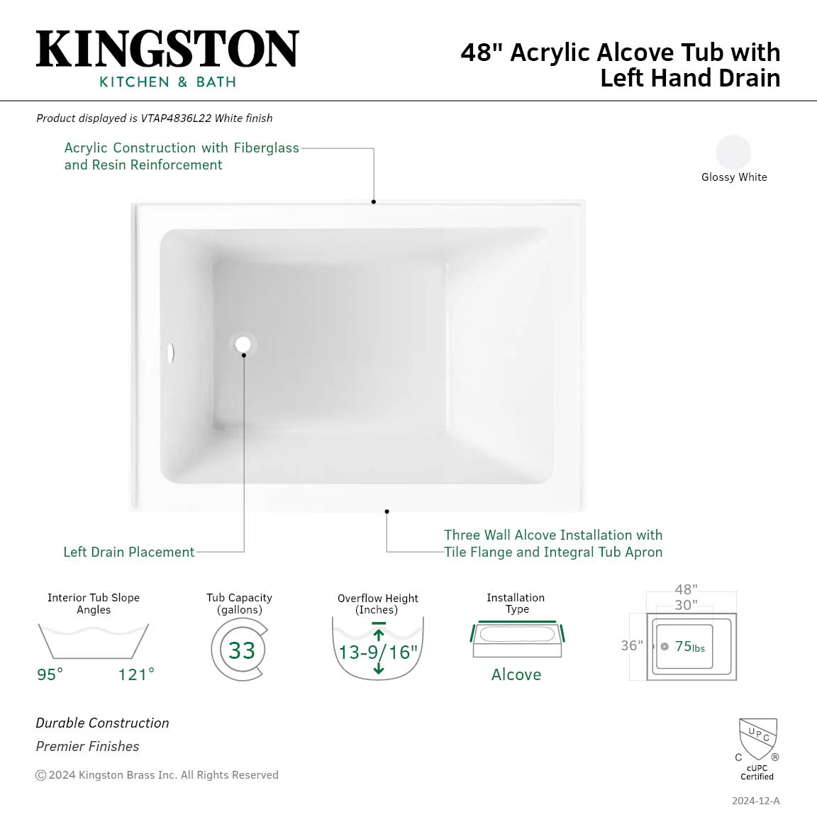 Kingston Tulare VTAP4836L22 - Aqua Eden 48-Inch Acrylic Rectangular 3-Wall Alcove Tub, Left Hand Drain, Glossy White - Image 7