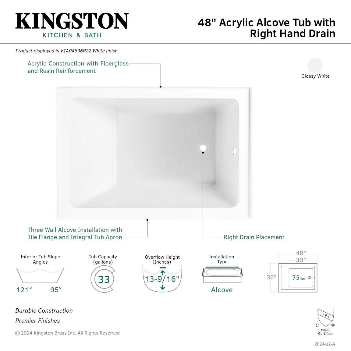 Kingston Tulare VTAP4836R22 - Aqua Eden 48-Inch Acrylic Rectangular 3-Wall Alcove Tub, Right Hand Drain, Glossy White - Image 7