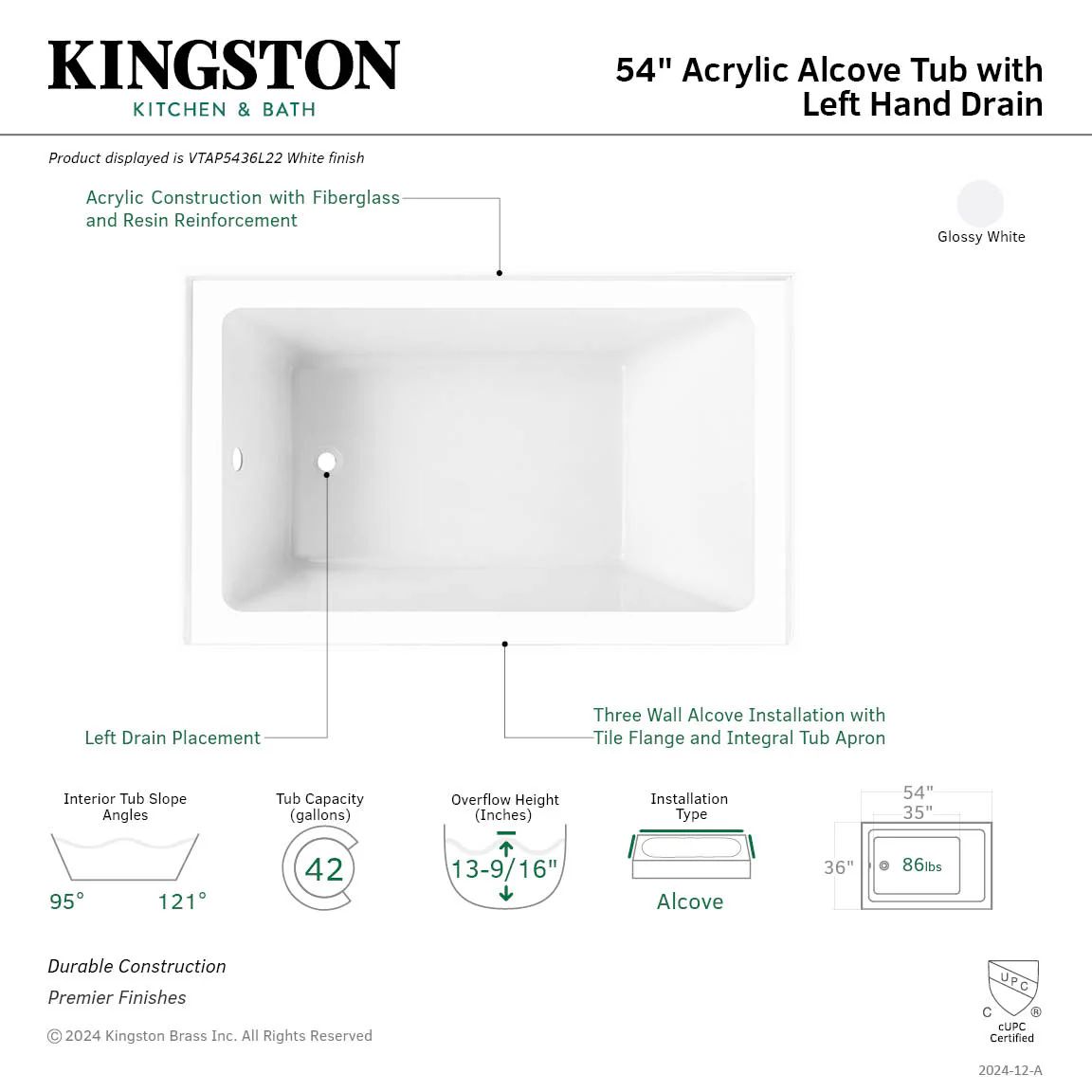 Kingston Tulare VTAP5436L22 - Aqua Eden 54-Inch Acrylic Rectangular 3-Wall Alcove Tub, Left Hand Drain, Glossy White - Image 6