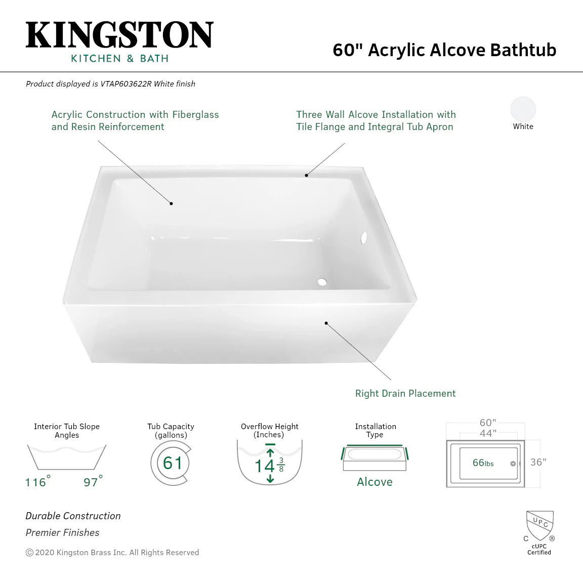 Kingston Tulare VTAP603622R - Aqua Eden 60-Inch Acrylic Rectangular 3-Wall Alcove Tub, Right Hand Drain, Glossy White - Image 11