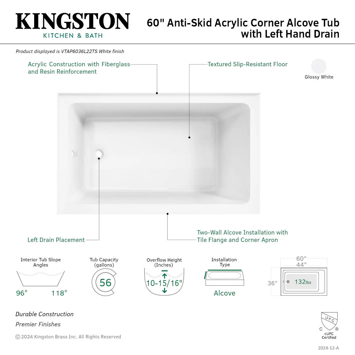 Kingston Tulare VTAP6036L22TS - Aqua Eden 60-Inch Acrylic Rectangular 2-Wall Corner Alcove Tub, Left Hand Drain, Glossy White - Image 6