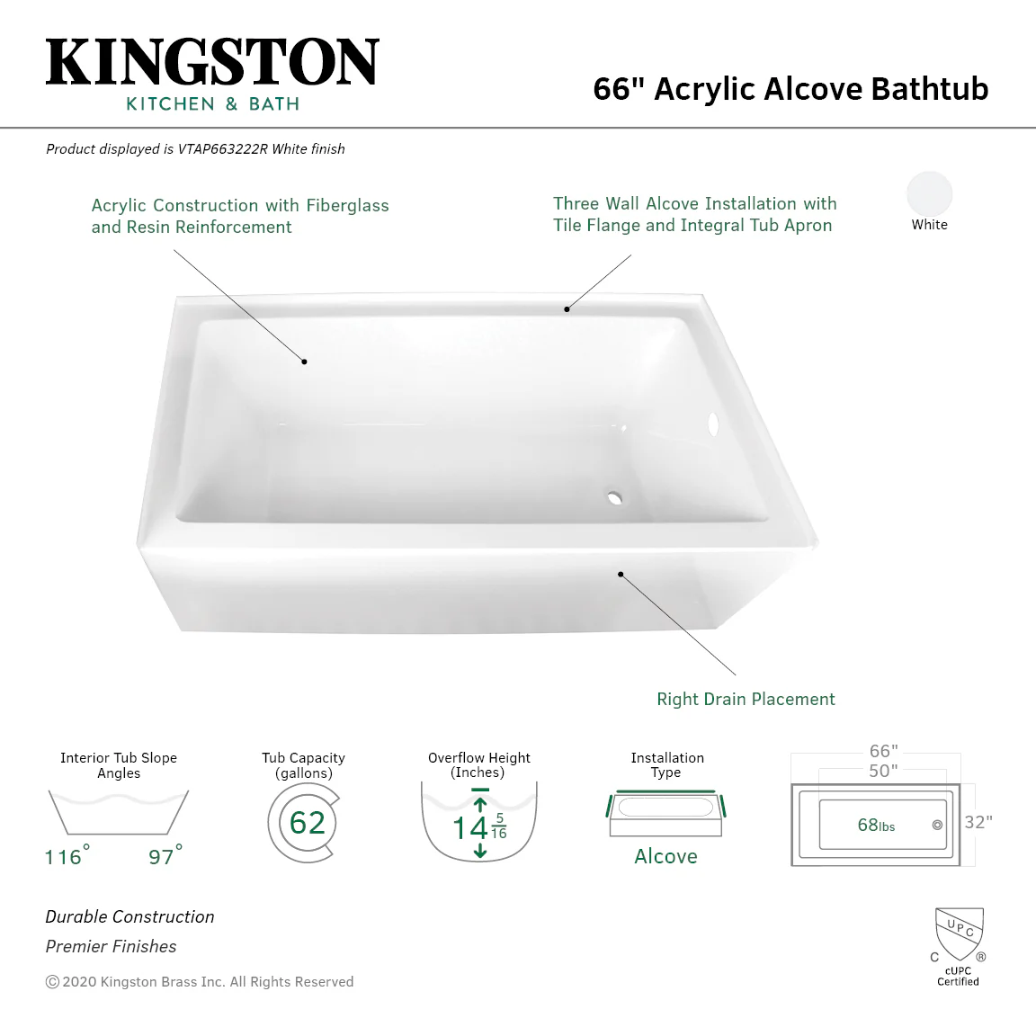 Kingston Tulare VTAP663222R - Aqua Eden 66-Inch Acrylic Rectangular 3-Wall Alcove Tub, Right Hand Drain, Glossy White - Image 9