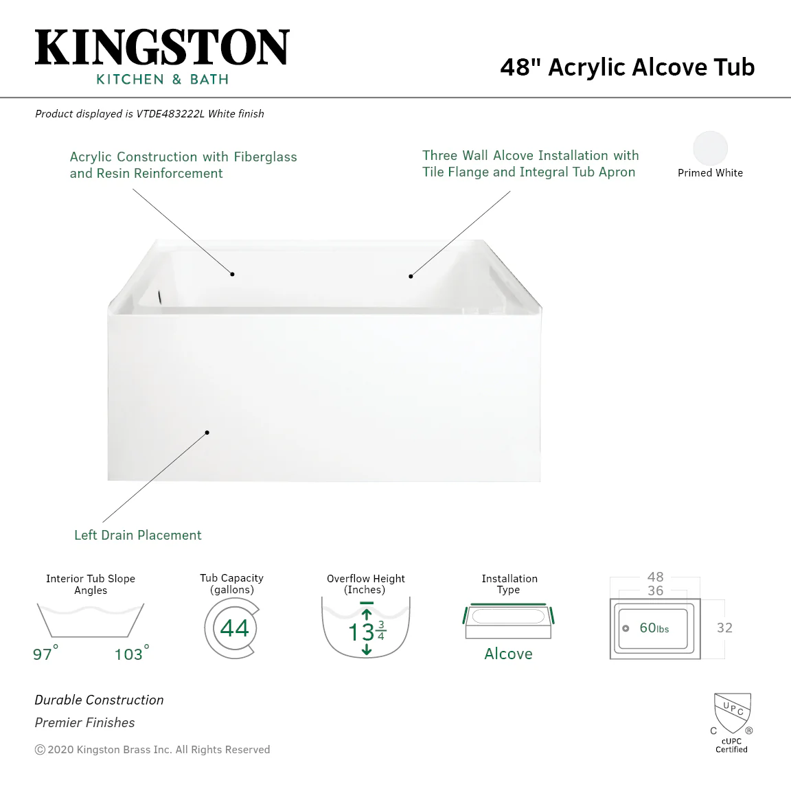Kingston Tulare VTDE483222L - Aqua Eden 48-Inch Acrylic Rectangular 3-Wall Alcove Tub, Left Hand Drain Hole, Glossy White - Image 8