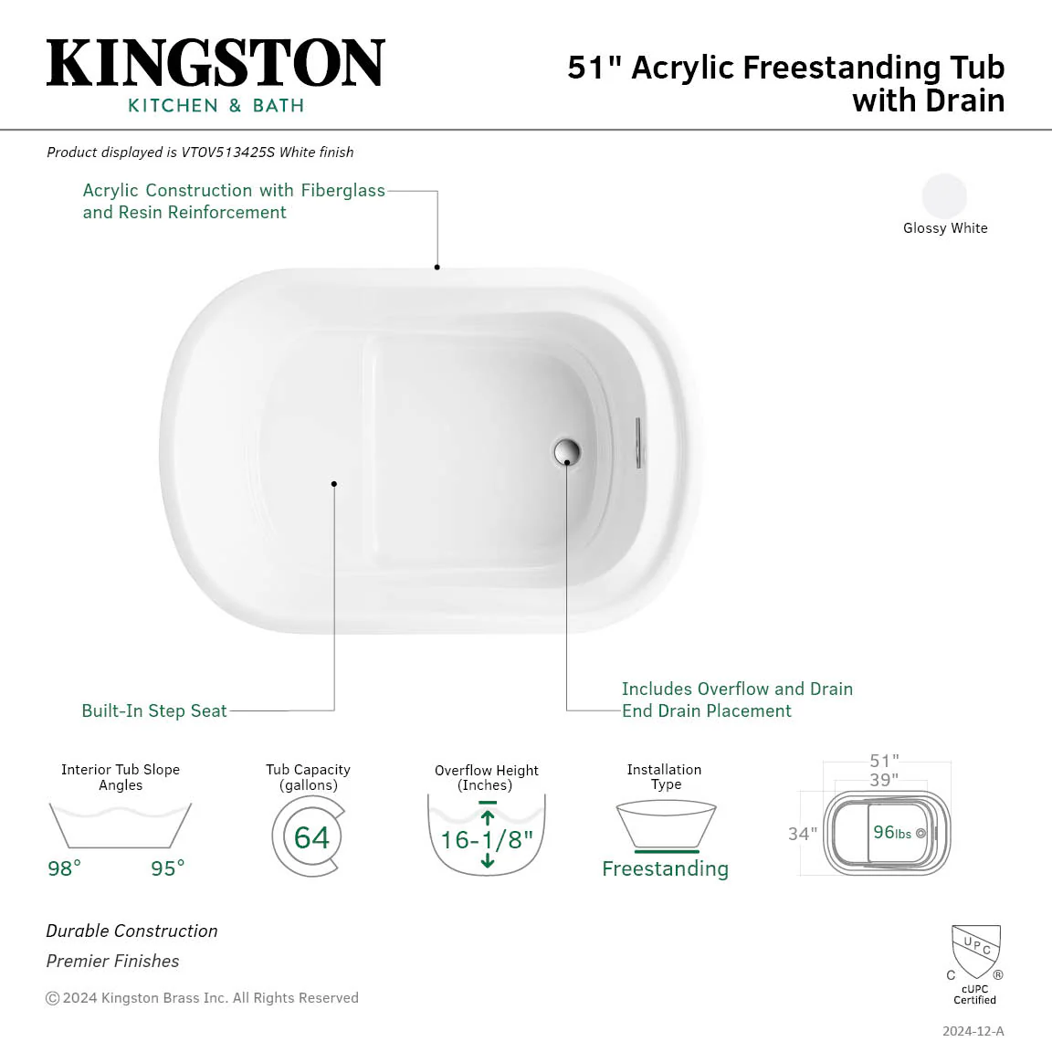 Kingston Sona VTOV513425S - Aqua Eden 51-Inch Acrylic Oval Rectangular Double Ended Freestanding Tub with Drain, Glossy White - Image 2