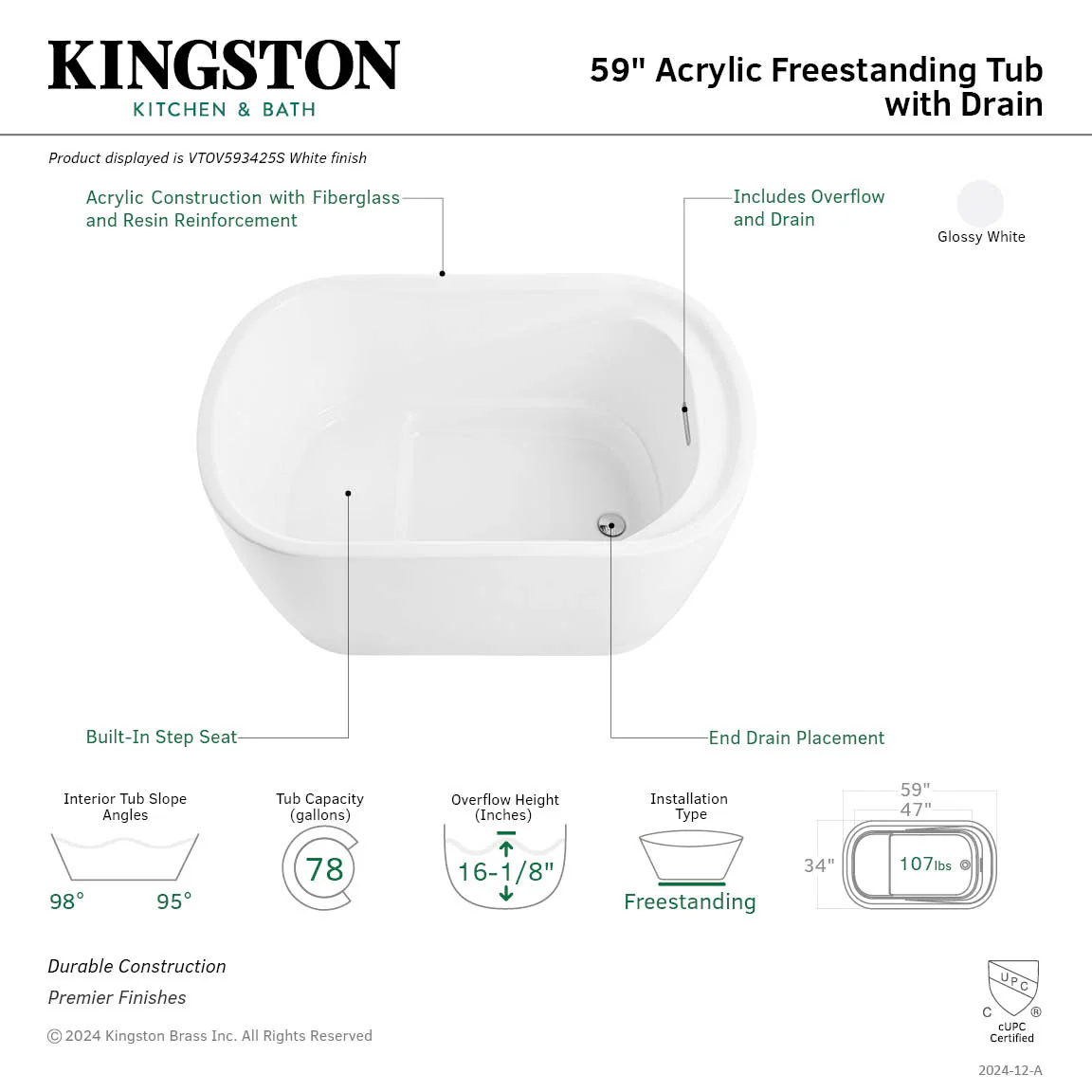 Kingston Sona VTOV593425S - Aqua Eden 59-Inch Acrylic Oval Rectangular Double Ended Freestanding Tub with Drain, Glossy White - Image 2