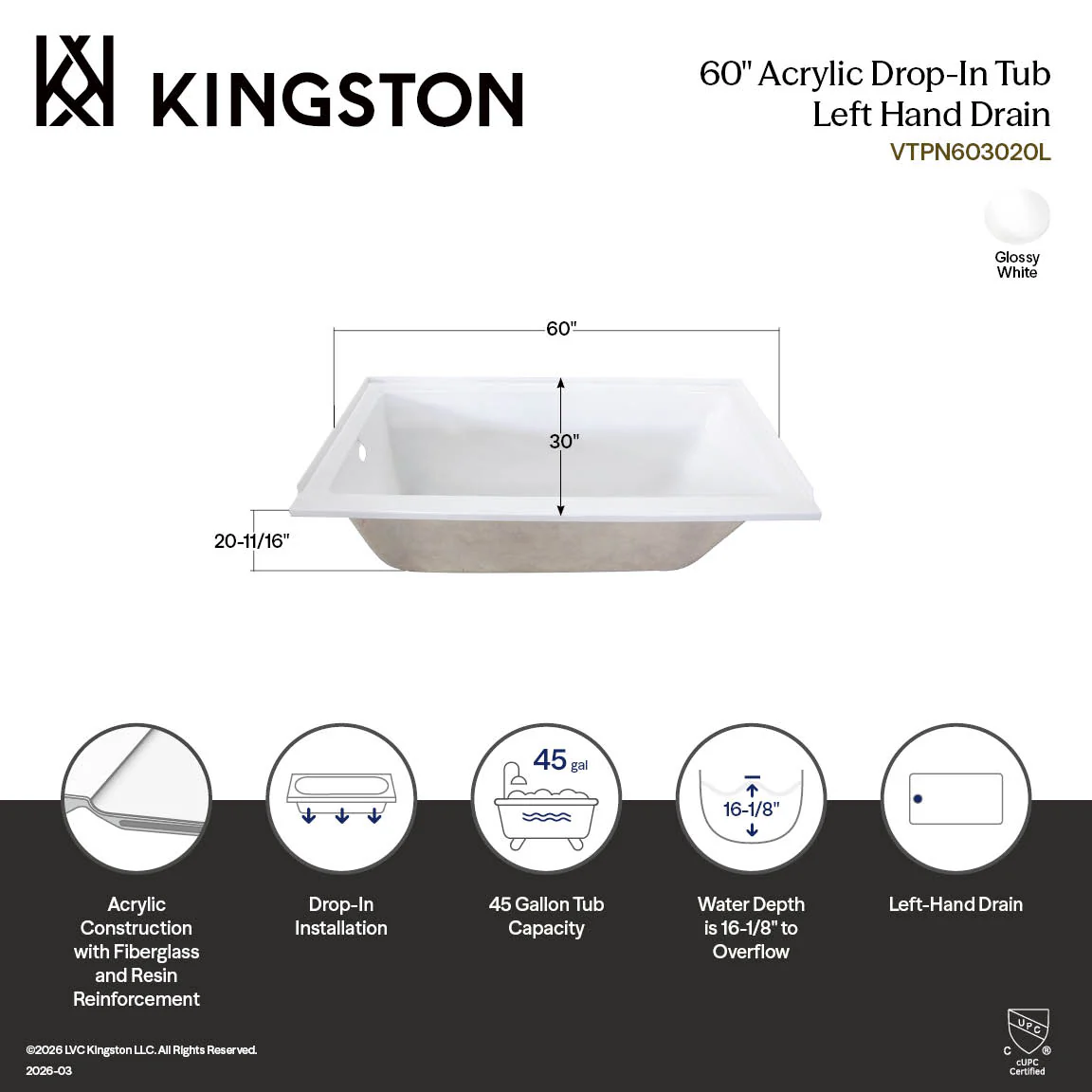 Kingston Tulare VTPN603020L - Aqua Eden 60-Inch Acrylic Rectangular Drop-In Tub, Left Hand Drain, Glossy White - Image 3
