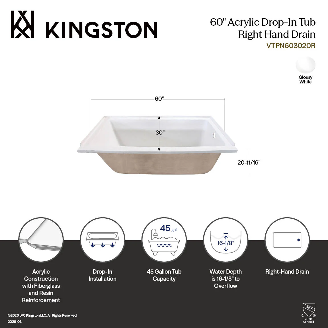 Kingston Tulare VTPN603020R - Aqua Eden 60-Inch Acrylic Rectangular Drop-In Tub, Right Hand Drain, Glossy White - Image 3