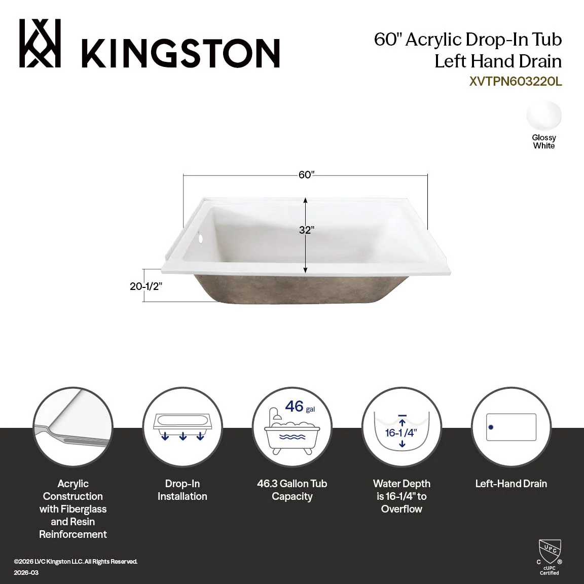 Kingston Tulare XVTPN603220L - Aqua Eden 60-Inch Acrylic Rectangular Drop-In Tub, Left Hand Drain, Glossy White - Image 3