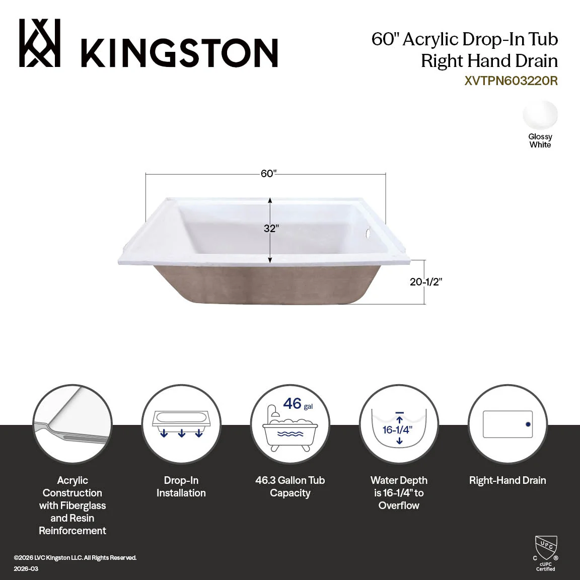 Kingston Tulare XVTPN603220R - Aqua Eden 60-Inch Acrylic Rectangular Drop-In Tub, Right Hand Drain, Glossy White - Image 3